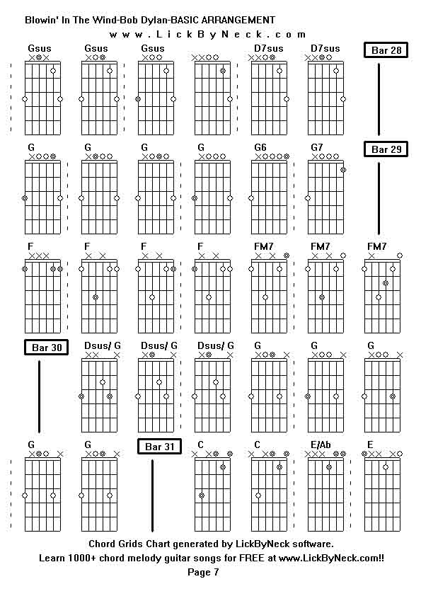 Chord Grids Chart of chord melody fingerstyle guitar song-Blowin' In The Wind-Bob Dylan-BASIC ARRANGEMENT,generated by LickByNeck software.